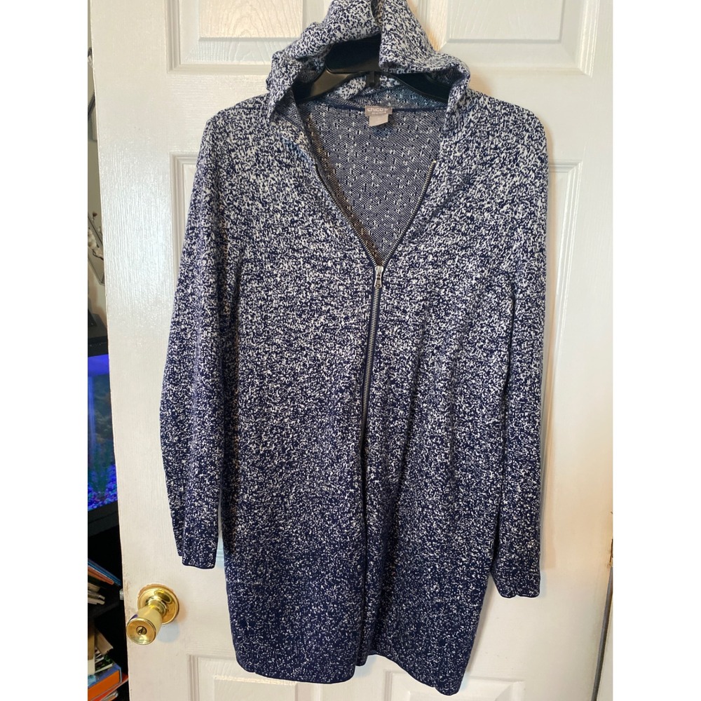 Chicos Zenergy Womens Blue White Marled SpaceDye Full Zip Hooded Cardigan Sz 0 S